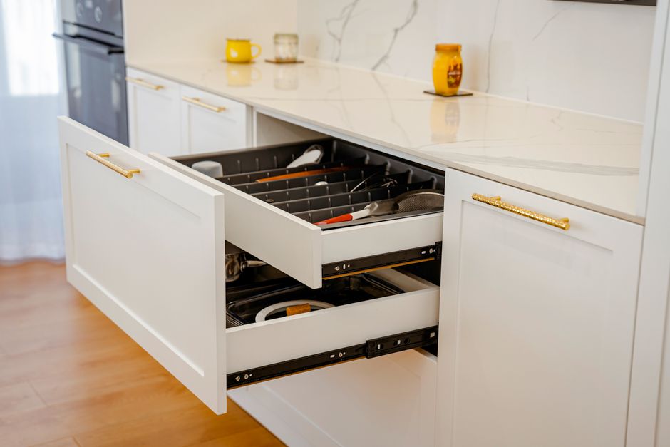 Beautiful kitchen drawer with brass hardware